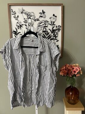 Orvis Blue White Striped Linen Blend Button Down Lightweight Coastal Top Size L